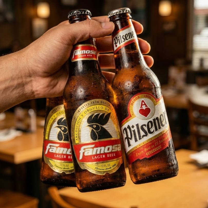 A hand holds three cold beer bottles, two Famosa and one Pilsener, in a restaurant setting.