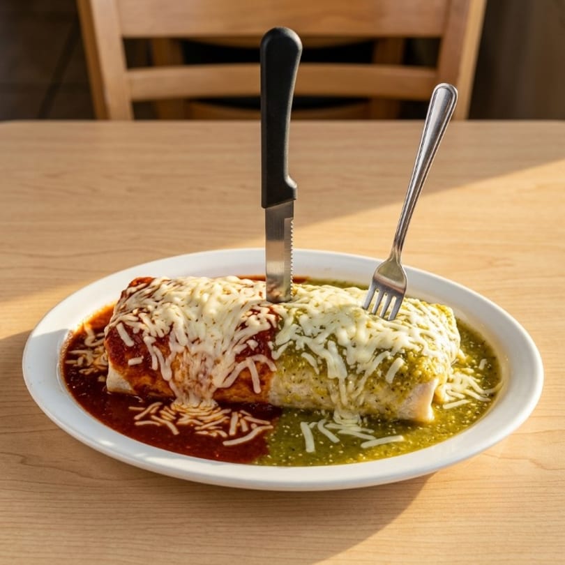Burrito smothered in red and green sauce with melted cheese, a knife, and a fork.